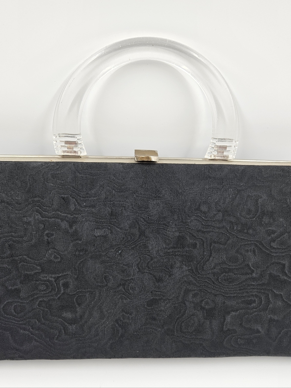 Vintage 1950s-60s Dover Black Brocade Clutch Purse with Clear Lucite Handle